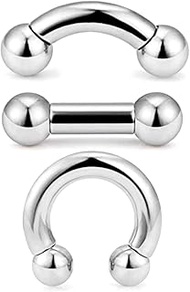 3pc Large Gauge 8G - 00G Surgical Steel Internally Threaded Septum Nose Horseshoe Curved Eyebrow Rin