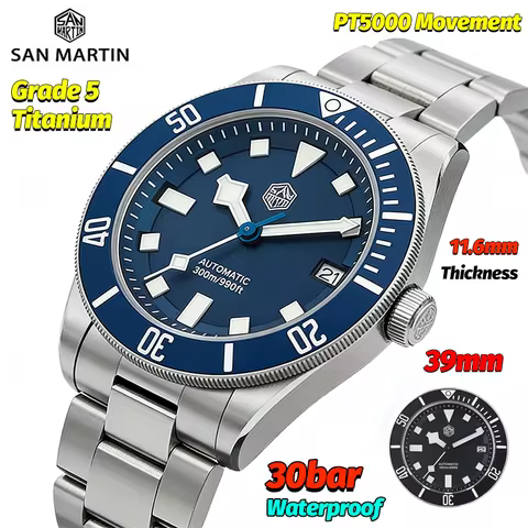 San Martin SN0121TD 300M Diving Watch Man Grade5 Titanium Mechanical Watch PT5000 Movement Sapphire 