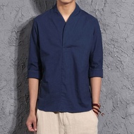 AA18-Traditional Chinese Cotton Linen V-Neck Hanfu Loose Oversize For Men T-Shirt Male Fashion