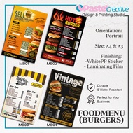A4 & A3+ Burgers Menu | Waterproof sticker or Laminated | Customise Design