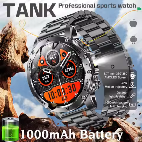2025 New TANK T3 Military 1000mAh Battery Smart Watch Men AMOLED Sport Fitness LED Flashlight IP69K