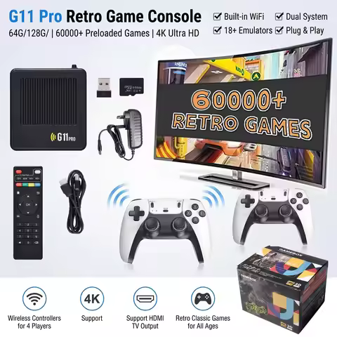 G11 Pro 4K Retro Game Console, 2.4G Wireless Rechargeable Controllers, 128G 60000+ Preloaded Games, 