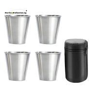 Stainless Steel Shot Cups, Set of 4 Cups, Metal Shot Glasses, Stackable, Hip Flask Small with Leathe