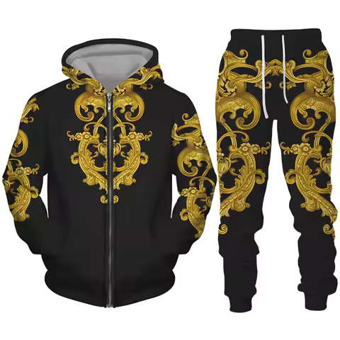 Men's Zipper Tracksuit Set Luxury Golden Pattern 3D Print Casual Hoodie Pants 2pcs Sets Oversize Swe