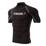 Men Gymshark Logo Print Mock Neck Short Sleeve Compression Shirt Quick Dry Rash Guard Gym Fitness MM