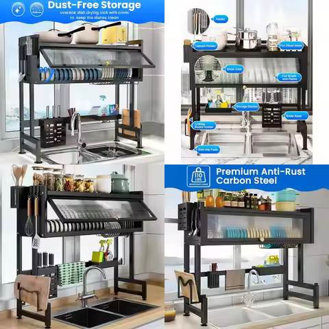 Space-Saving 3-Tier Dish Rack with Cover, Perfect for Small Kitchens and Over Sink Use, Black