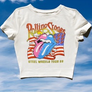 MTWON CROP TOP ROLLING STONES STEEL WHEELS TOUR 89 | ROCK MUSIC METAL BAND | Grapefruit | WHITE CROP