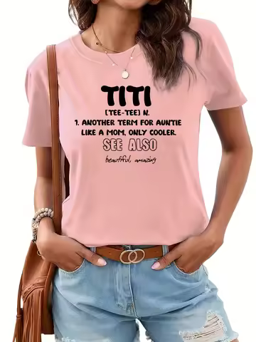 TITI Print T-Shirt, Short Sleeve Crew Neck Casual Top For Summer & Spring, Women's Clothing