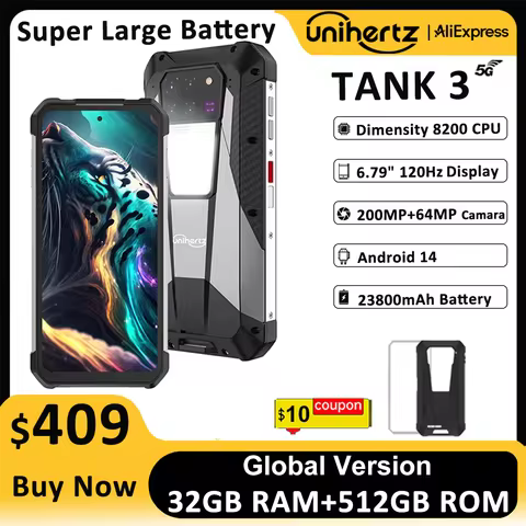 Unihertz 8849 Tank 3 by Smartphone 5G 32GB+512GB 200MP 120Hz 23800mAh 120W Charger Cell Phone Dimens