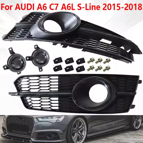 Bright Black Car Front Honeycomb Fog Light Grille Cover With ACC For AUDI A6 C7 A6L S-Line 2015-2018