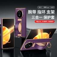 เคสโทรศัพท์หนังแท้บางเฉียบแบบมีสายรัดแขน Magic V3 สำหรับ Honor Magic V3 พร้อมช่องเก็บบันทึกเสียงแบบห