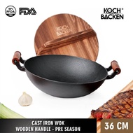 KOCH&BACKEN Cast Iron Wok Flat Bottom With Wooden Handle and Lid - Wajan Penggorengan Panci Besi Cor