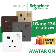 Schneider Electric AvatarOn 1 Gang 13A Switched Socket with USB A+C 21W PD Fast Charging BS1363 SIRI