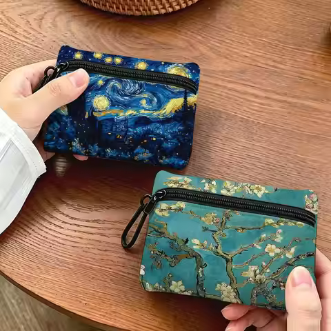 Van Gogh Starry Sky Oxford Portable Oxford Fabric Mini Wallet Carabiner Design Small Coin Bag For Ca