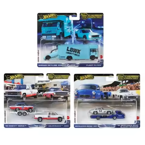 Original 2025 HotWheels 1/64 Car Transport Team Model FLF56 Nissan Skyline Chevrolet Mercedes Simula