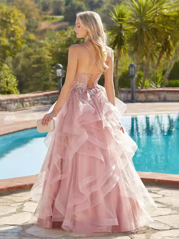 Pink A-line Prom Dresses V-neck Spaghetti Straps Appliques Fluffy Ruffles Party Cocktail Dress Backl