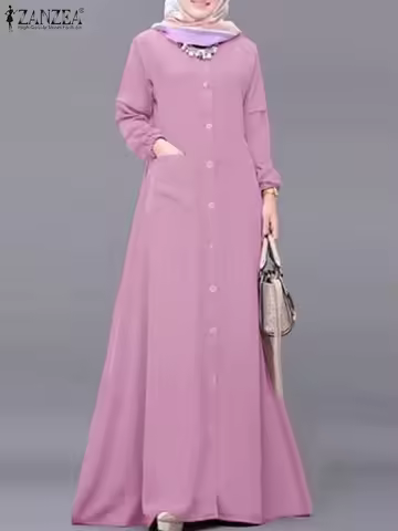 Women Autumn Muslim Dress ZANZEA Turkey Abaya Dubai Robe Elegant Long Sleeve Buttons Down Maxi Vesti