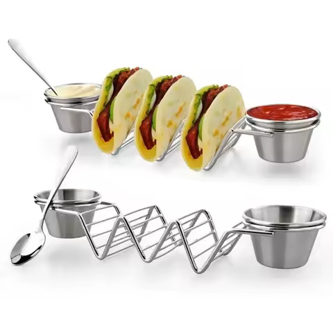 4PCS/Set Taco Holder Stand Set with Sauce Cups and Spoons Stainless Steel Mexican Food Rack Taco Tra