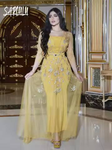 Elegant Yellow Caftan Evening Dress Delicate Hot Sale Beaded Women Cocktail Formal Events Wear Musli