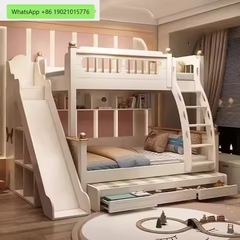 PP R 135x190cm Wood Mattress Bunk Bed With Slide Ladder King Size Frame 3 Drawers Storage Kids Loft 