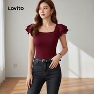 Lovito T-shirt Kasual Ruffle Santai Musim Semi/Panas Merah Anggur untuk Wanita L155ED838