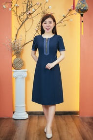 Đầm suông trung niên - Cổ tròn tay ngắn - CV - Xanh jean - TTV1557