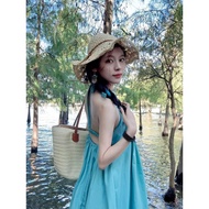[Travel ootd] Vacation Style Summer French Design Halter Dress Female Fashion Long Skirt Covering Fl