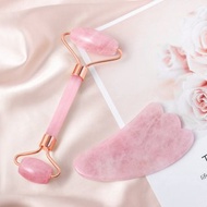 【小NG商品特賣】天然粉晶玉石緊緻提拉滾輪羊角型刮痧板套組