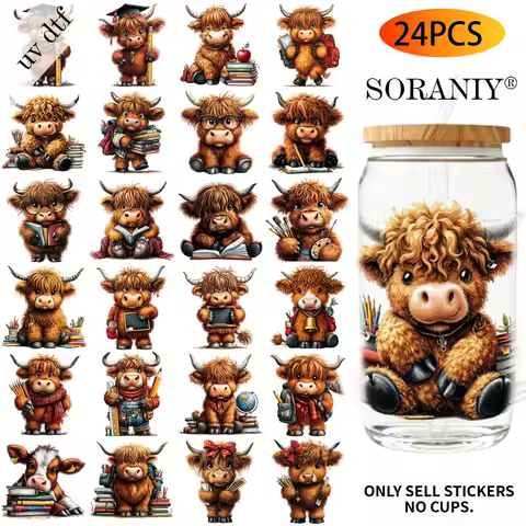 24PCS/Set Back To School Highland Cow Themed UV DTF DIY 16OZ Transfer Stickers Water Bottles Glass