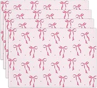 Pink Bow Cotton Linen Placemats Set of 4, 12x18 Table Mat for Family Dinners Wedding Parties Restaur