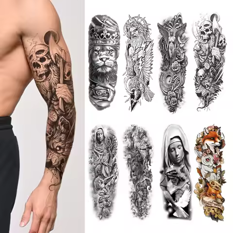 Waterproof Tattoo Sticker Totem Full Arm Large Size Sleeve Temporary Tattoos Lion Wolf Death Fake Ta