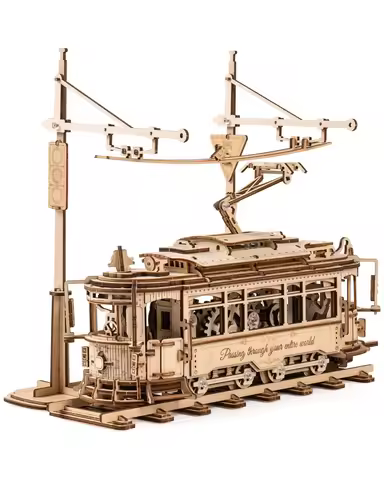 ROKR Classic City Tram 3D Wooden Model Kit – 1:24 Scale Lisbon Tram No. 28, Spring-Powered, Adult Ho
