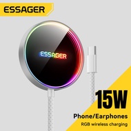 Essager ที่ชาร์จแบบไร้สาย15W พร้อมไฟโดยรอบไร้สายแผ่นชาร์จเร็วสำหรับ IPhone17 16 15-12หูฟัง AirPods โ