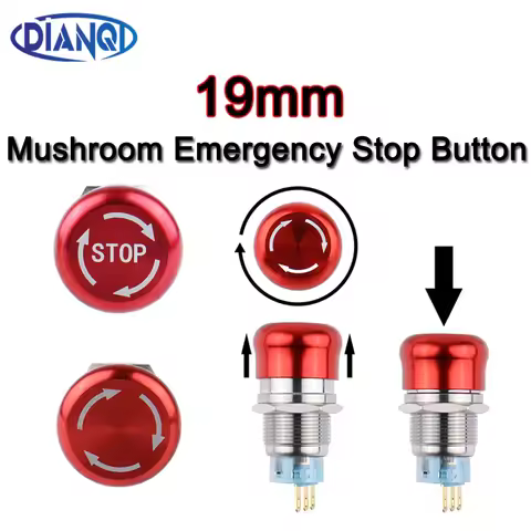 19mm Metal Waterproof Mushroom Push Button Switch Red Emergency Stop Button Locking Onoff Switch 3Pi