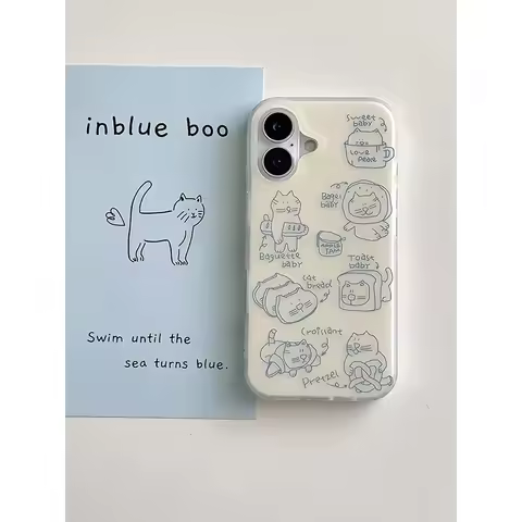 Korea Fashiy Cute Cat Mimi Sketch Phone Case for iPhone 16 Pro 15 14 13 12 11 Promax Plus Luxury Hig