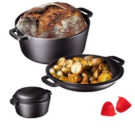 Pre-Seasoned 2 In 1 Cast Iron Pan 26CM/5L Double Dutch Oven Set and Domed 26CM Skillet Lid, Open Fire Stovetop Camping Dutch Oven, Non-Stick Cast Iron pots Kitchen , DiningCookwarePots &amp; Pans