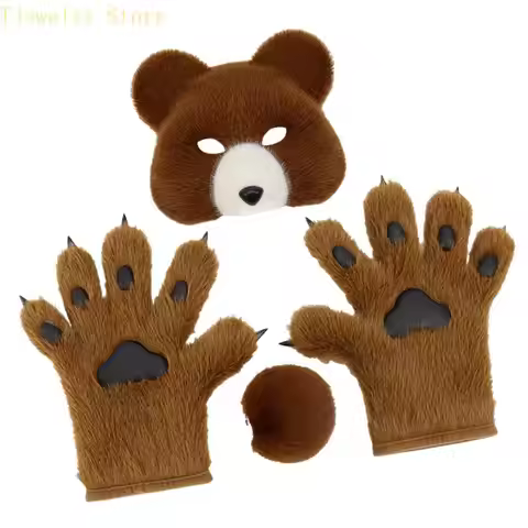 634D 3Pcs Animal Bear Costumes Accessories Bear Mask,Bear Tail, paws Gloves for Kids Halloween Cospl
