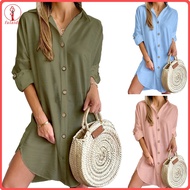 fulaide Fall Spring Women Dress Shirt Type Single-breasted Split Hem Loose Solid Color Buttons with 