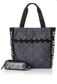 Victoria s Secret PINK Clay Grey Marl &amp; Black Zip Tote Bag and Matching Tech Pouch with Silver Logo