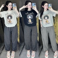 Big size women's clothing set 60-90kg, 4-way cotton t-shirt set with printed lace sleeves for girls,