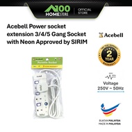 Acebell Power socket extension 3/4/5 Gang Socket with Neon Approved by SIRIM ACB-3GN/ ACB-4GN/ ACB-5