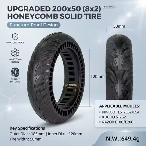 New 200x50 8x2 Honeycomb Solid Tire Puncture-Proof for Ninebot ES1 ES2 ES4 Kugoo S1 S2 Razor E100 E2