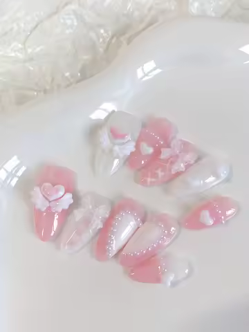 10 Pieces of 3D Heart-Shaped Angel Wings, Translucent White Bowknots, Pearl French-Style Long Almond