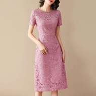 ชุดเดรสลูกไม้ของผู้หญิงชุดวันเกิดเดรสยาวคลุมเข่าปักดอกไม้แขนสั้นวันหยุดฤดูร้อน Gamis Pesta