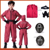 Squid Game Costume for Kids Halloween Carvinal Theme Party Hooded Bodysuit + Gloves + Belt Masks Set