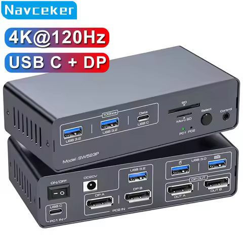 4K@120Hz USB C DP KVM Switch Docking Station 2 PC 2 Monitors USB 3.2 Switches Dual Support 100W PD C
