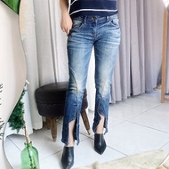 經典藍潑墨釦式造型 牛仔褲款刷色長褲窄管小喇叭褲pants vintage