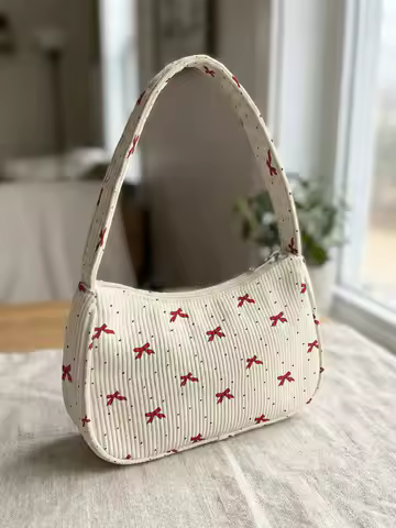Trendy Coquette Red Bow & Polka Dot Print Shoulder Bag, Preppy Beige Corduroy Underarm Bag