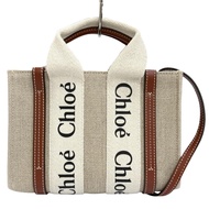 全新 △ Chloe CHC22AP237I2690U Woody 迷你手提包，亞麻和小牛皮，Logo 單肩包，米色-ブラウン，意大利製造，女士，帶防塵袋。