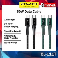 Awei CL-111 Data Cable PD60W Fast Charging Cable 60W Cable Type-C Cable 1M Mobile Kabel Awei Cable A